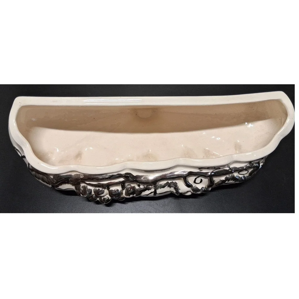 Vintage Arnels Ceramic Wall Pocket Planter Silver Metallic Grapes White 14.5in